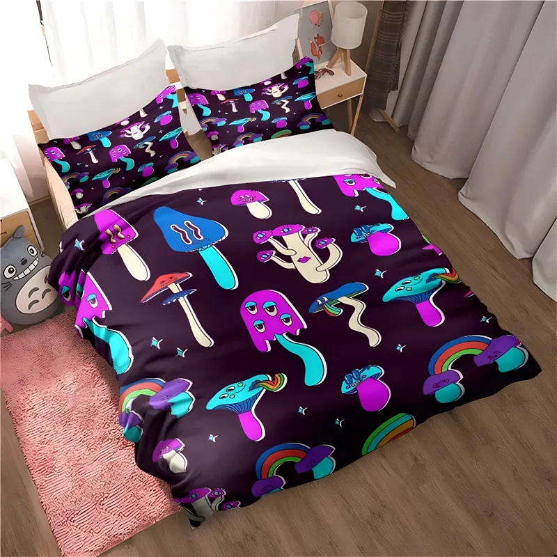 

3D printed colorful mushroom pillowcase quilt cover, beautiful household items, bedroom bed three-piece set of birthday gifts