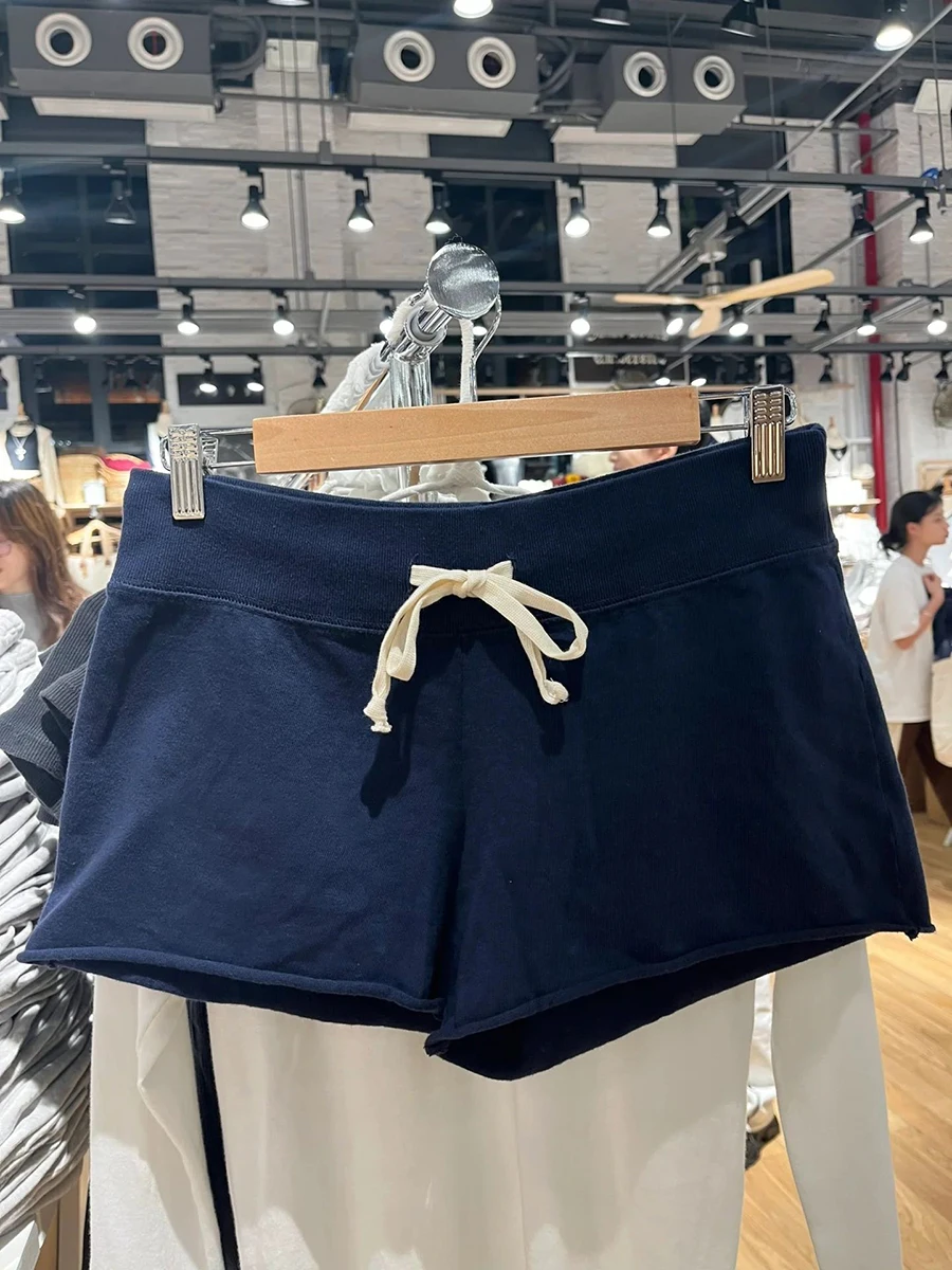 Drawstring Navy Sports Sweatshort Woman Summer Cotton Raw Trim High Waist Straight Shorts Vintage Harajuku Fashion Short Pant