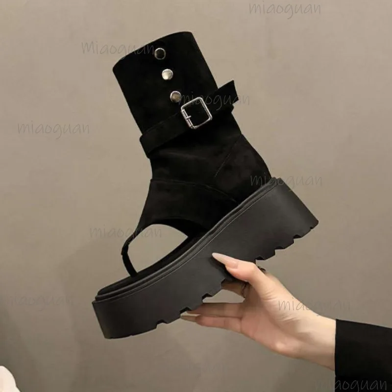 Botas Plataforma Femininas Cáqui/Preto da Moda 2026: Nova Tendência de Verão, Botas Romanas Curtas que Aumentam a Altura, Tamanhos 35-40