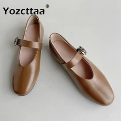 Yozcttaa Size 34-39 Comfortable Women Ballet Flats Shoes Genuine Leather Buckle Strap Low Heels Shoes Spring 2025 Retro Office