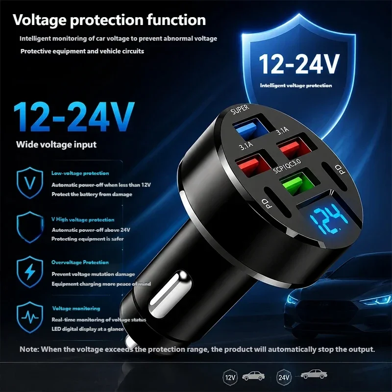 100W Car Charger 4USB QC3.0 PD Type-C Digital Display Car Power Charger 3.1A With Voltage Display Car Power Adapter For Cars