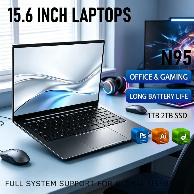 15.6 Inch Portable Business Black Intel Core N95 Gaming Laptop Computer PC Gamer 32GB RAM 1TB 2TB Fingerprint Unlock Notebook PC