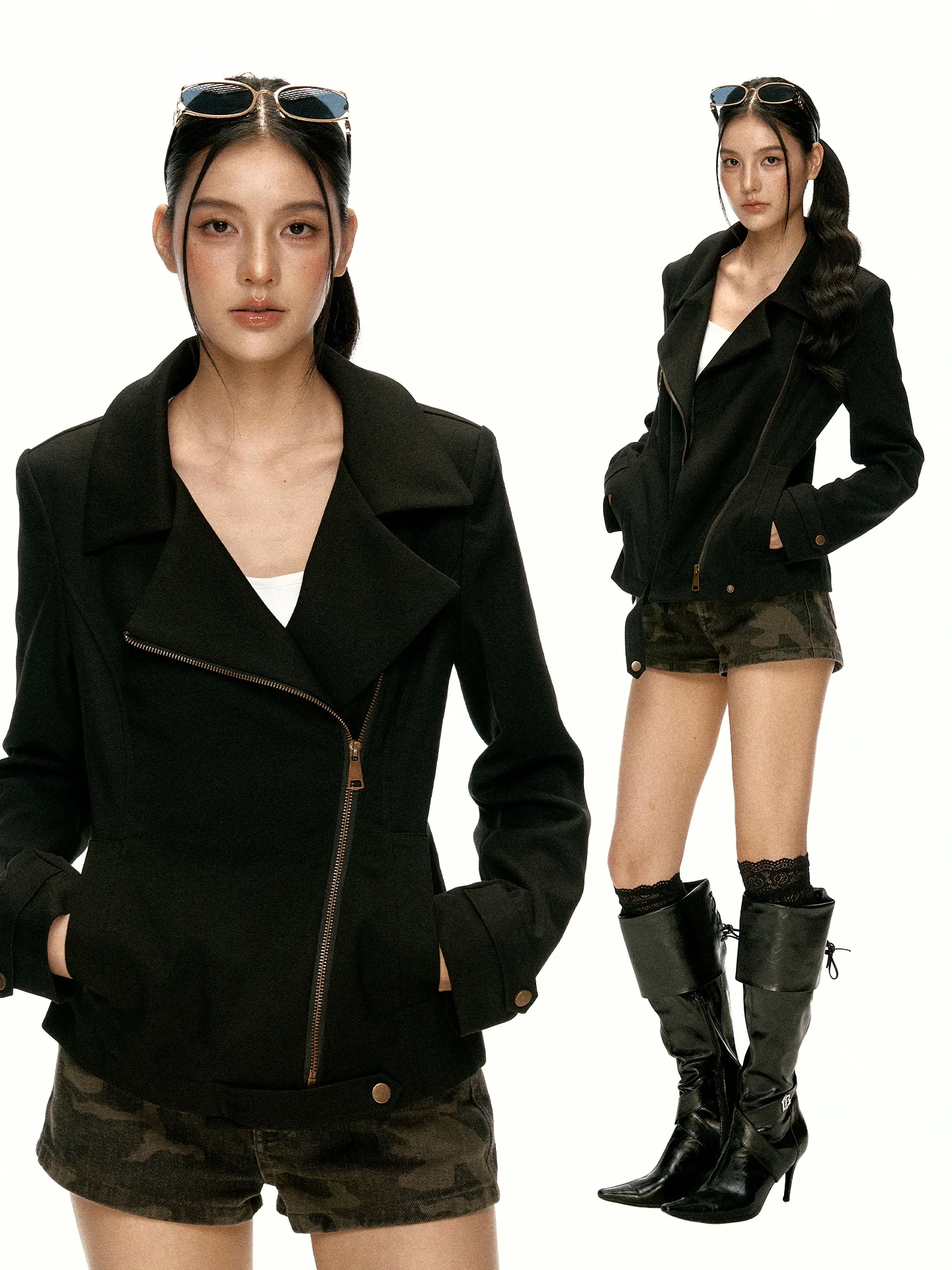 Aaisup Black Deconstructed Suit Collar Short Jacket Women's Early Autumn Design Asymmetrical Slim Fit Zipper Coat Jacket