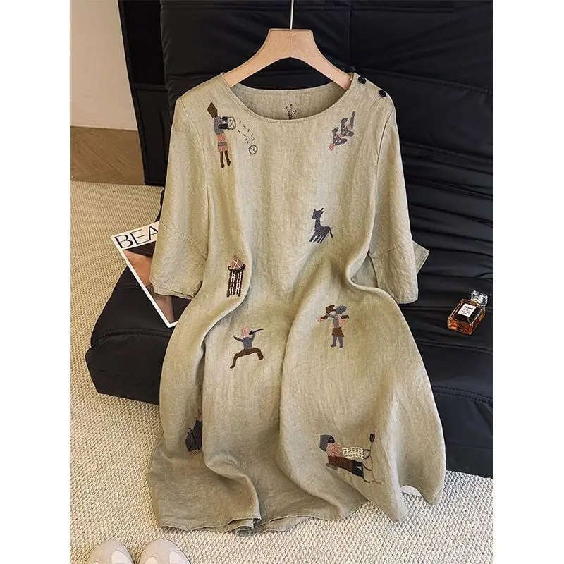 Vestido retrô de linho bordado com manga de cinco quartos estilo chinês solto simples gola redonda pulôver vestidos de camiseta