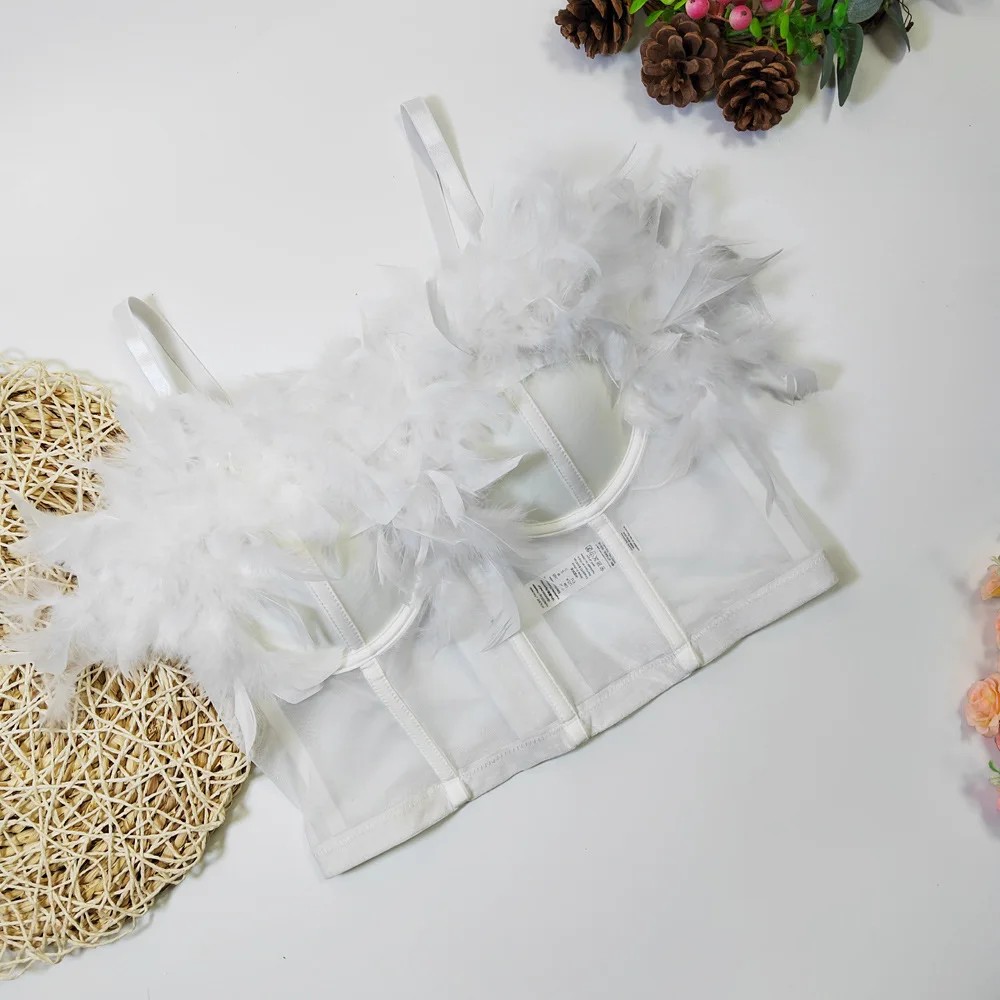 A852 Dropship ropa de moda para niñas ropa de plumas dulce memoria uso especial mujeres sexis malla sin tirantes corsé corto exterior