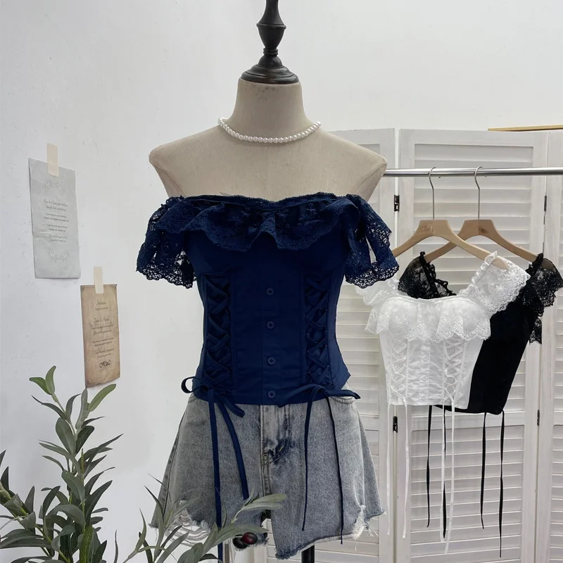 

Women's Lace Splice Fishbone Waist Cinched Strap Vest Summer Top with Chest Pad Rope Tied Tube Bra Ultra Thin Lightweight