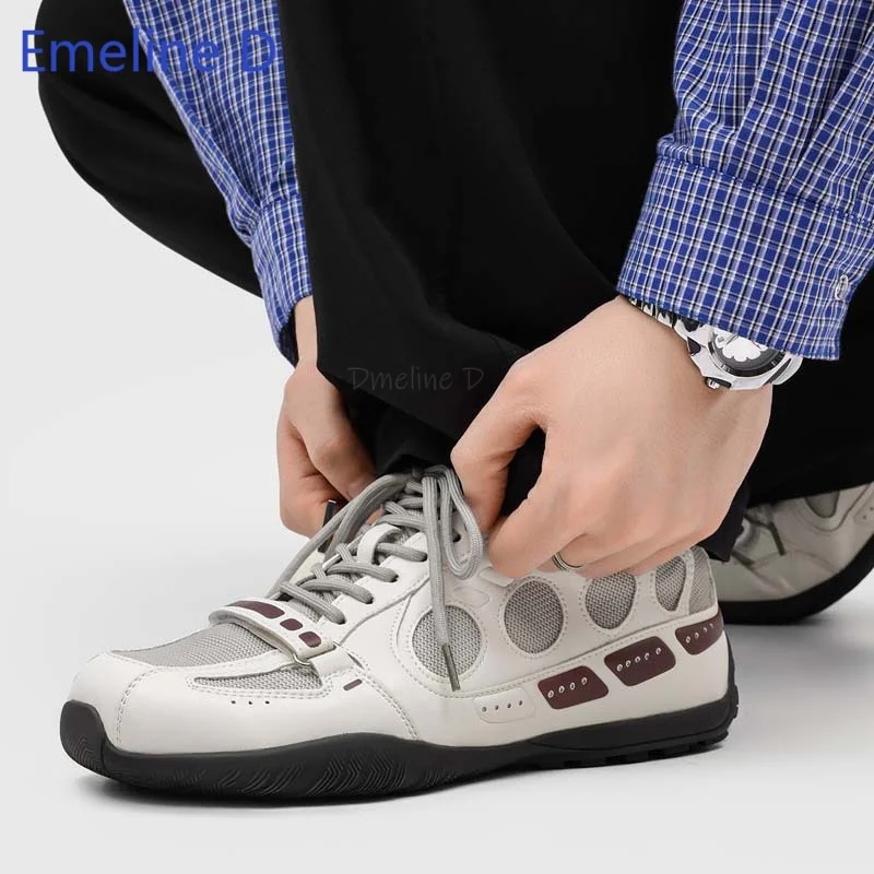 Low Top Lace Up Casual Sneakers Breathable Mesh Smooth Leather Mix Upper Front Contrast Decor Strap Soft  Anti Slip Flat shoes