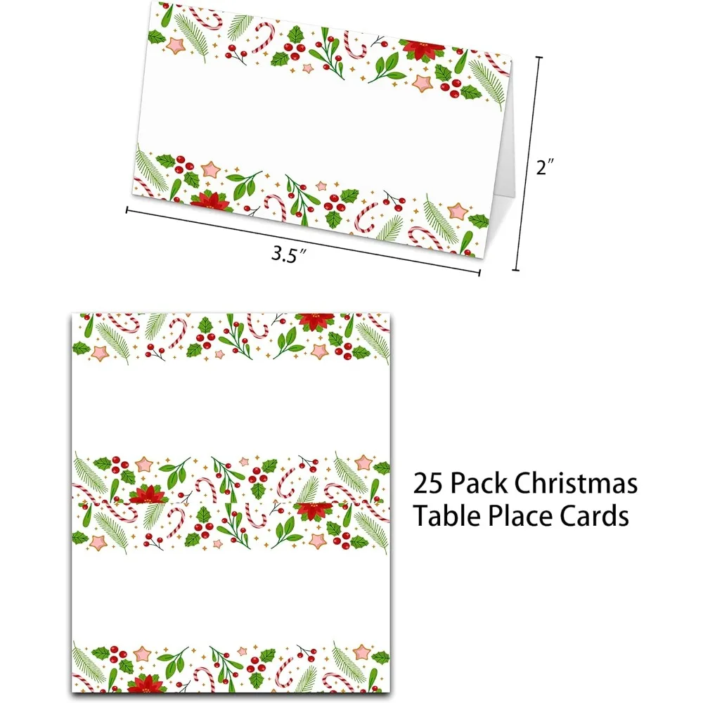Christmas Table Place Cards, Xmas Blank Seating Place Card for Table, 25 Pack Buffet Food Tent Labels, Double Design Name Cards,