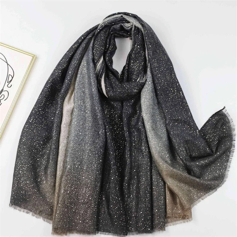 Winter Thick Cotton Viscose Scarves Ombre Gradient Glitter Shimmer Fringe Shawls And Wraps Pashmina Stole Bufandas Muslim Sjaal