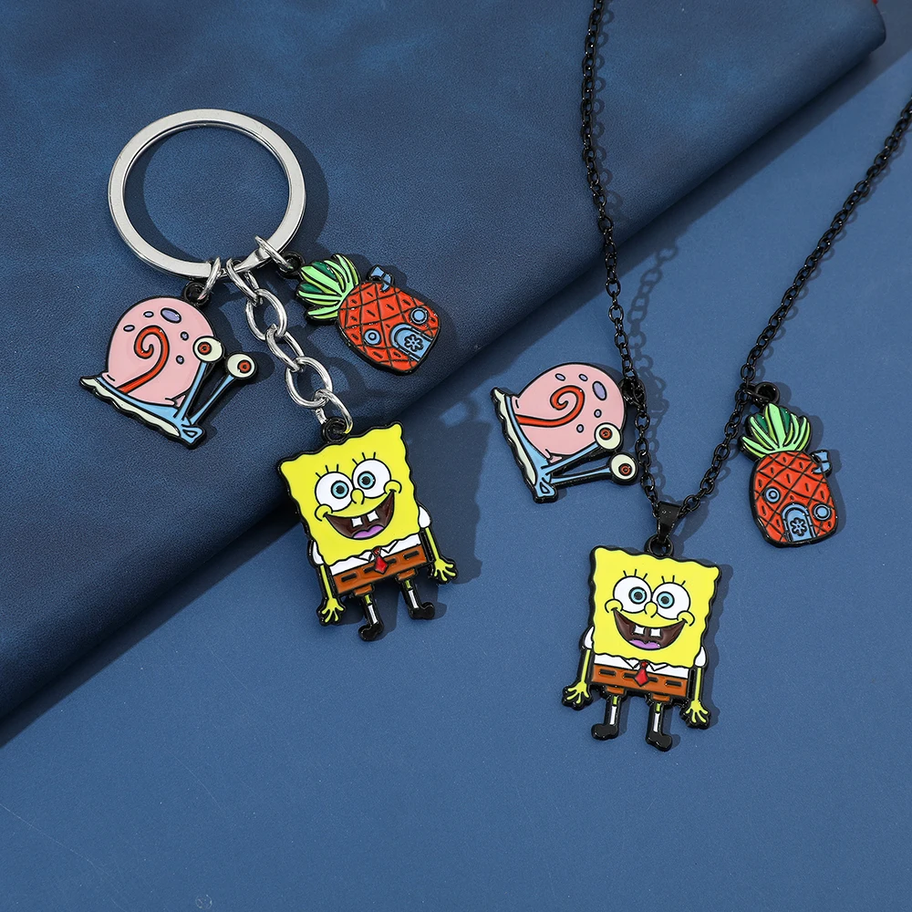 Spongebob Squarepants Metal Keychain Necklace Set Gary the Snail Pineapple House Enamel Pendant Key Chain Car Keyholder for Men