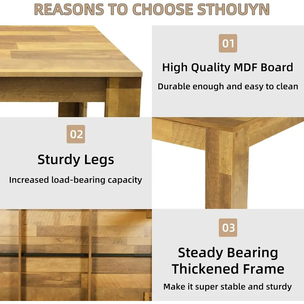 Large Rectangular Wood Farmhouse Dining Table for 6-8, Big Family Kitchen Table, Waterproof & Scratch-Resistant Brown