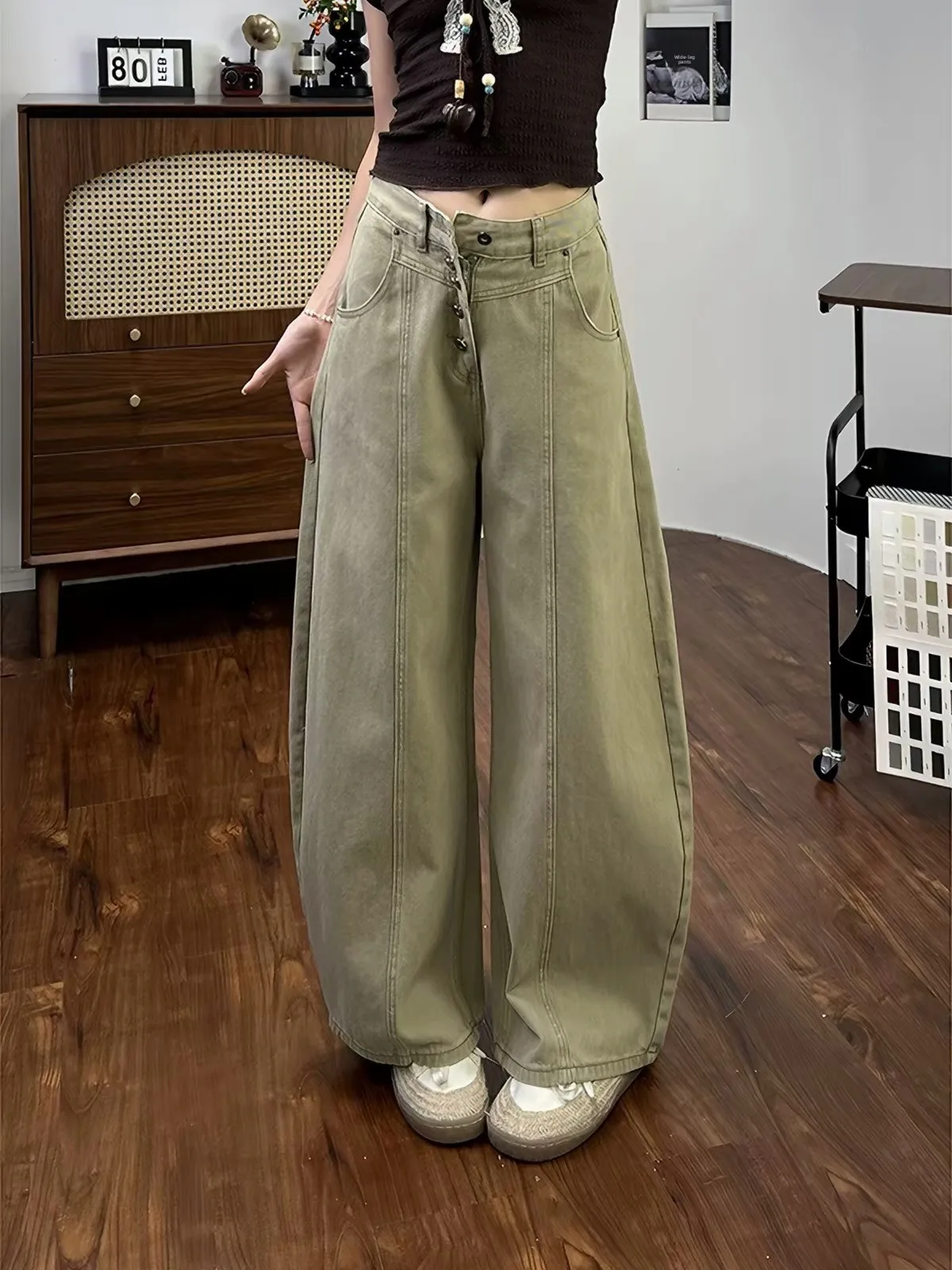 Khaki Wide Leg Denim Pants Women's Loose Fit Casual High Waist Straight Knife Shape Jeans for Pear Shaped Body Autumn New Arr...