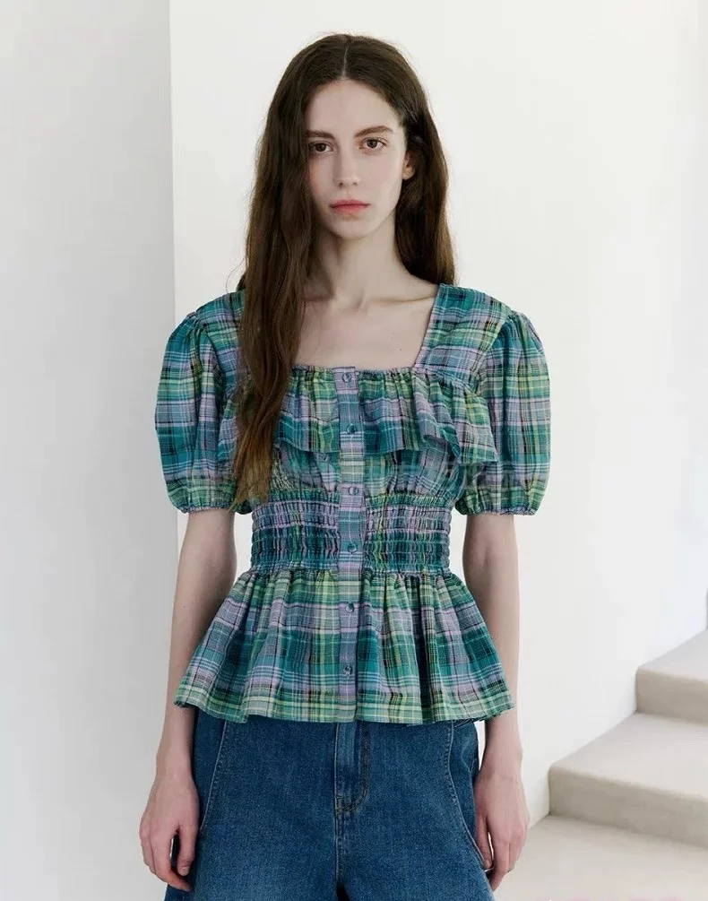 

Retro Color Blo Plaid Bubble Sve Square Collar ort Sve irt Women's Comfortable Breathable Cotton Casual irt