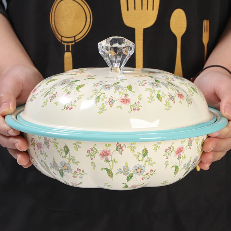 Bacino di zuppa smaltato con coperchio extra lavabo smaltato spesso modello di uccello fiore Vintage organizzatore di immagazzinaggio della cucina stoviglie per feste