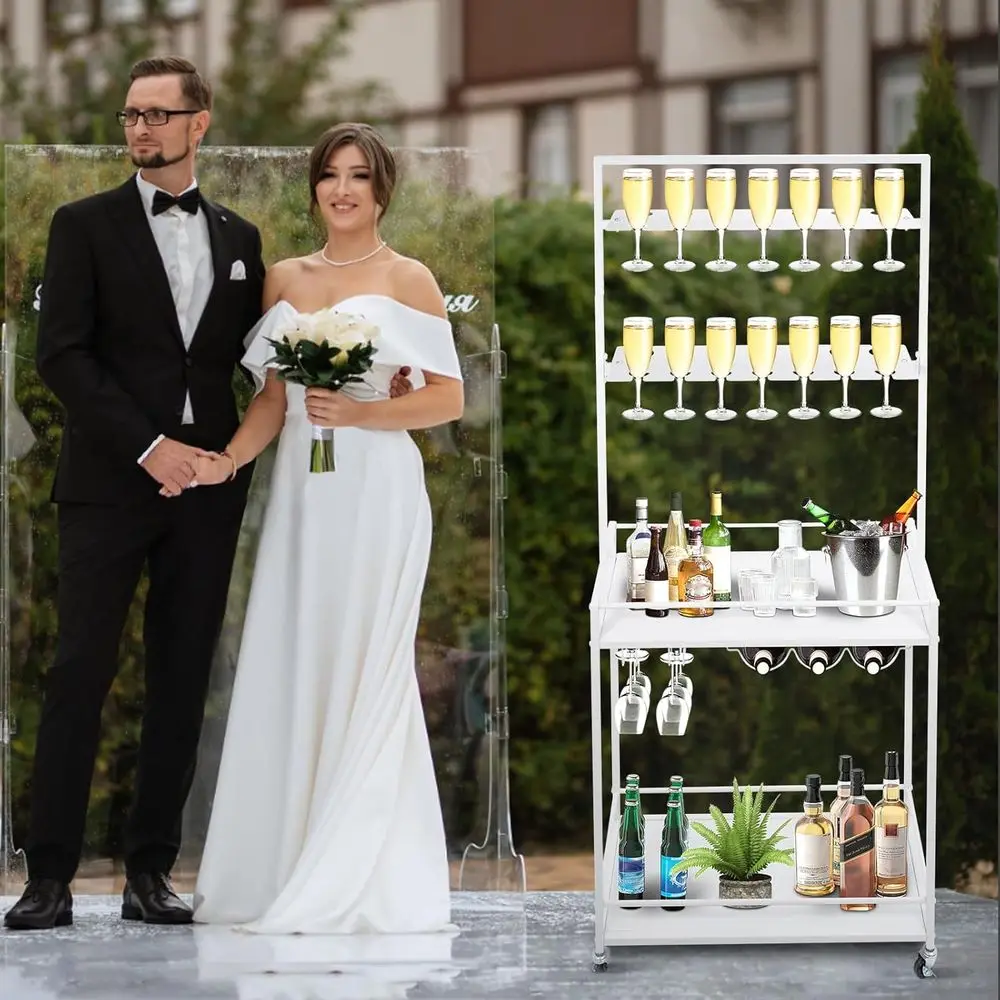 Wózek na wino z 2-poziomowymi kółkami obrotowymi, mieści 28 kieliszków, stojak do przechowywania, idealny na przyjęcia i imprezy