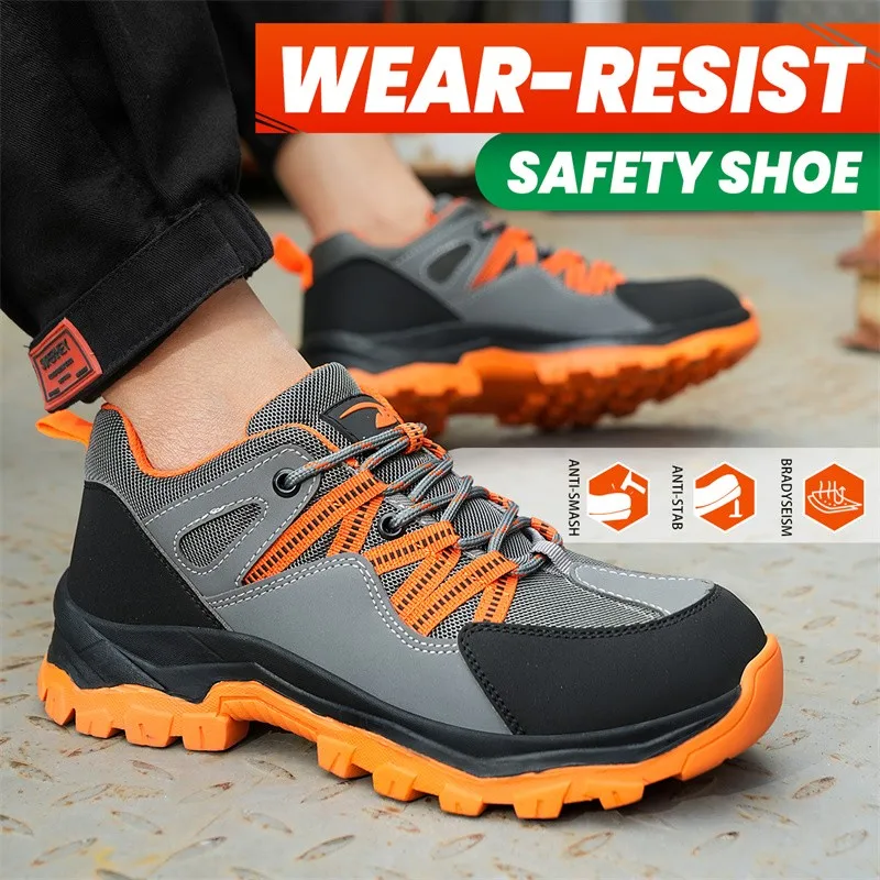 Chaussures de sécurité respirantes en cuir de vachette orange, baskets de travail anti-écrasement et anti-perçage, tissage volant, sport, protection, nouveau, 2024