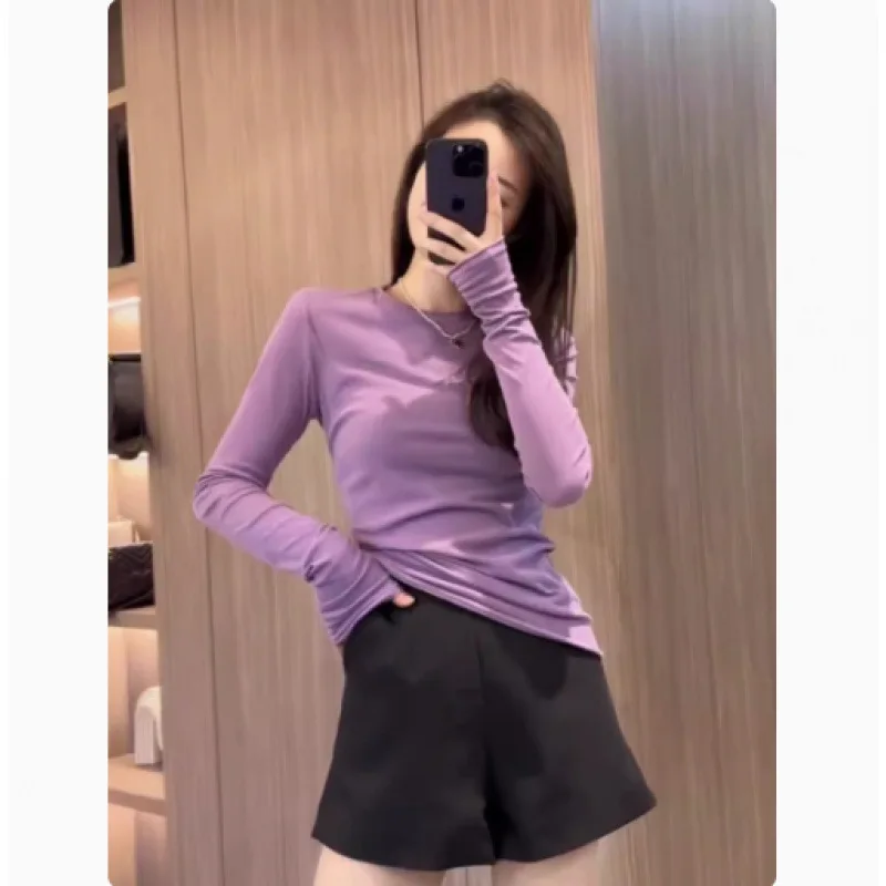 

Slim Fit Long Sve круглый вязаный свитер фиолетового цвета, тонкий дизайн, весенне-осенний топ для женщин, удобная внутренняя одежда