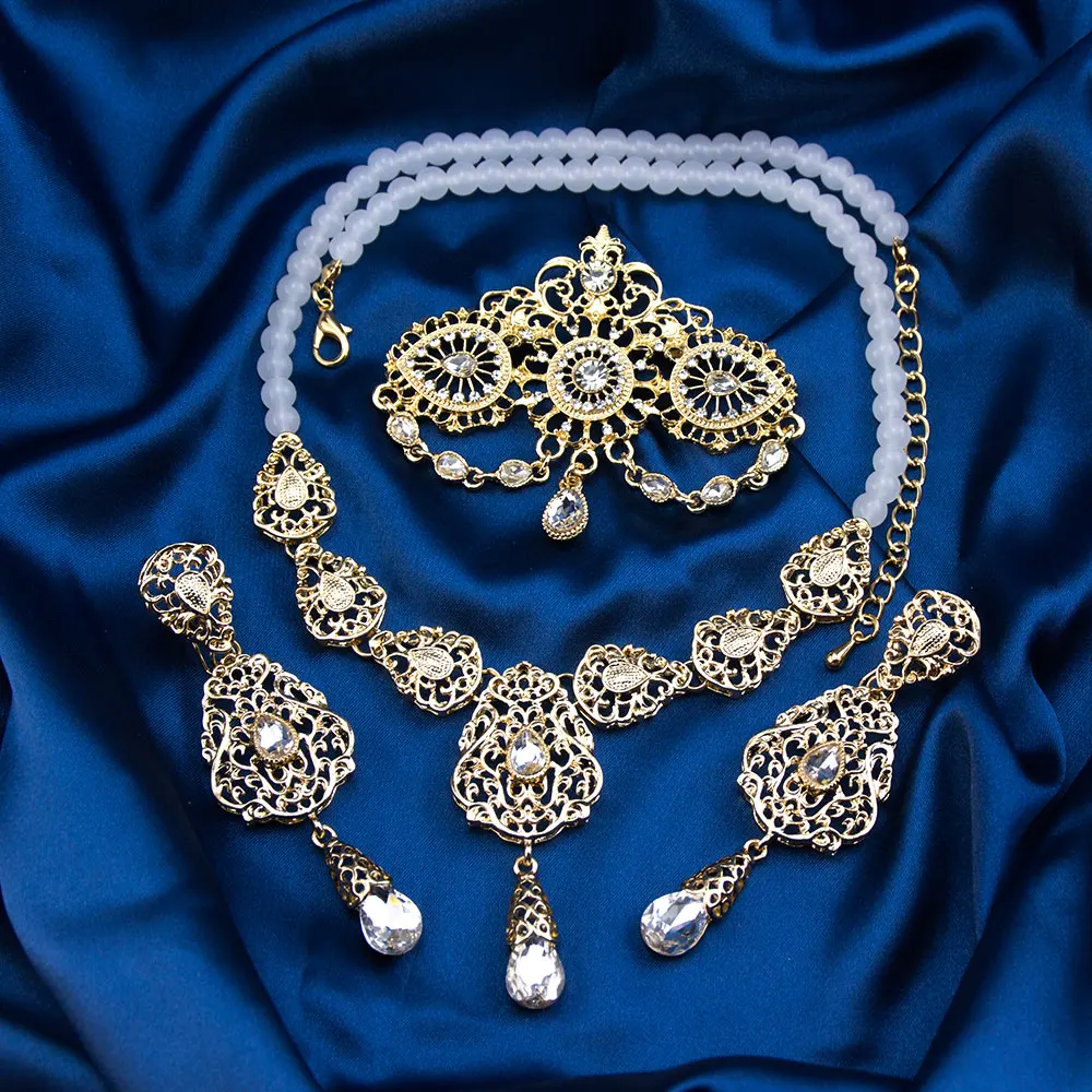 Immagine 6: Sunspicems Colore oro Arabo Marocco Set di gioielli da sposa da sposa Collana di perline Ciondolo Waterdrop Orecchino lungo Spilla in filigrana