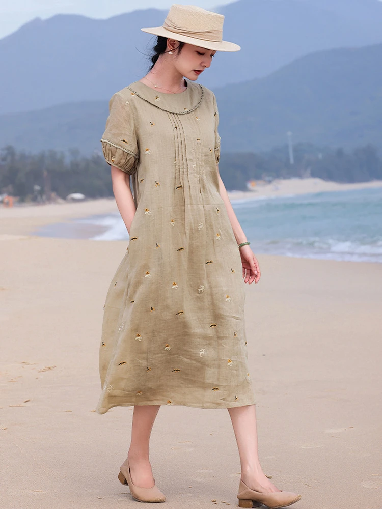 

100% Ramie Women Elegant Long Dress New Arrival 2026 Summer O-neck Floral Embroidery Ladies A-line Vacation Dresses M2372