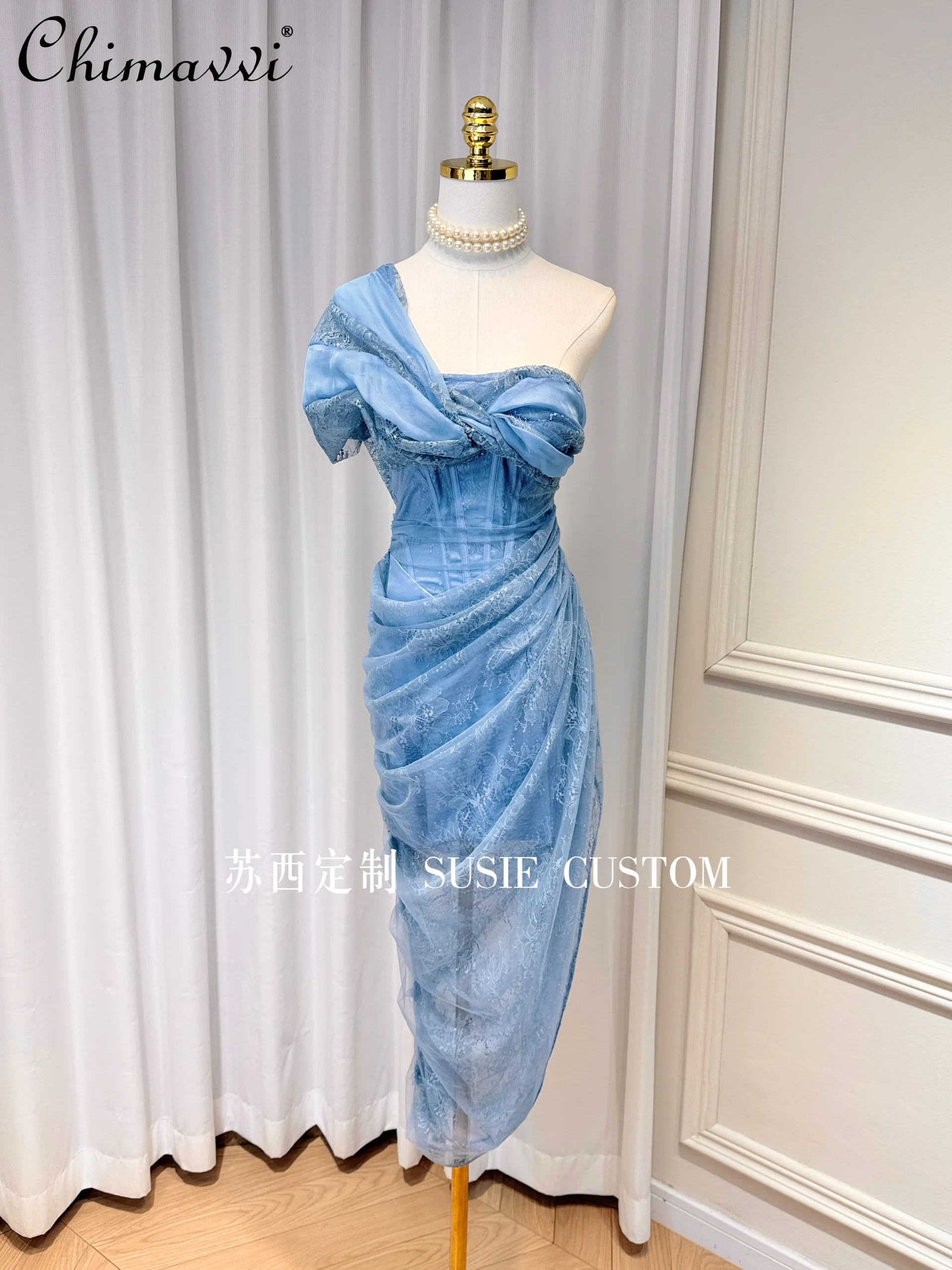 

High-end Fashion Sexy Off-the-shoulder Pleated Knot Lace Tube Top Dress Elegant Party Fishbone Waist Split Fork Mid-length Dress