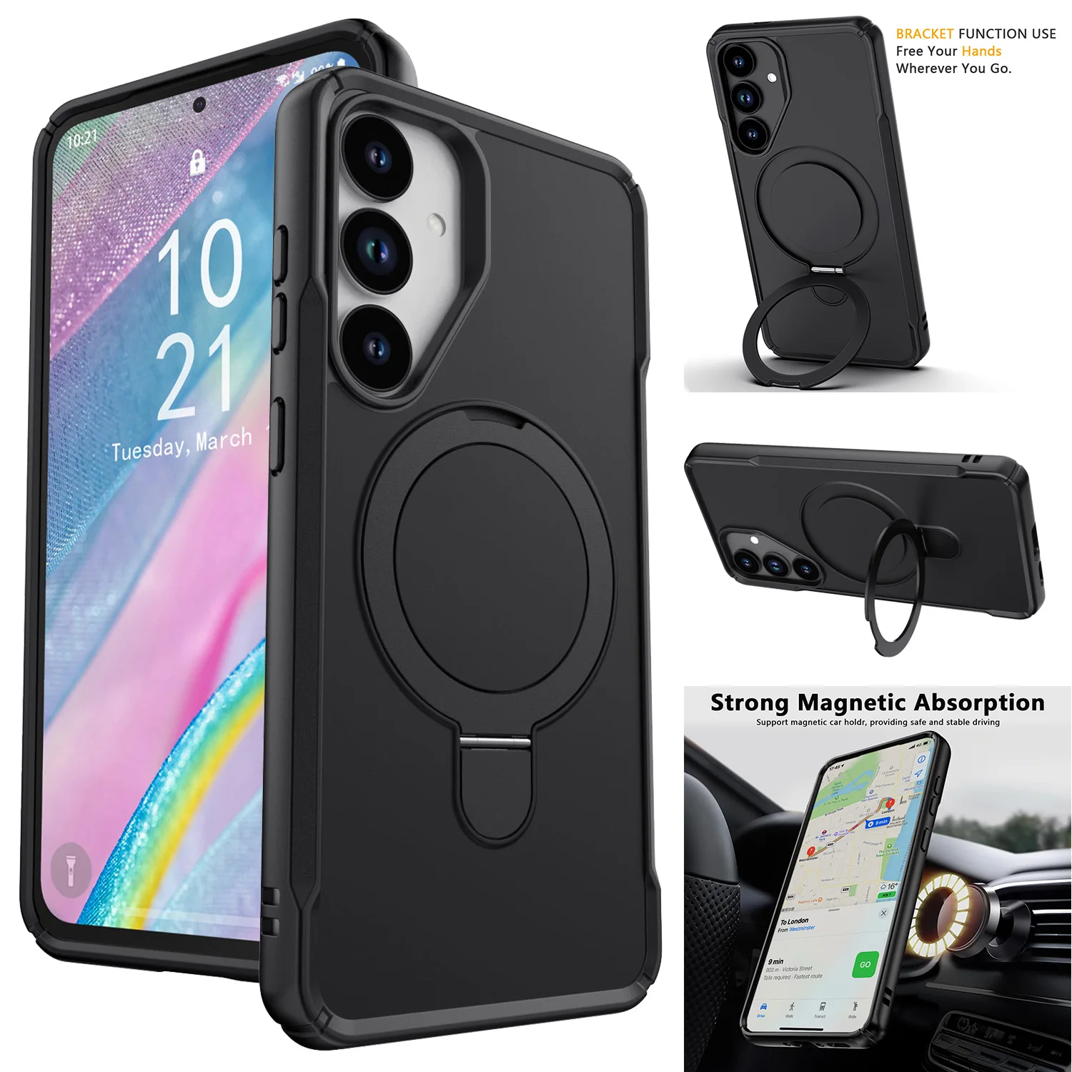 حافظة هاتف متينة لهاتف سامسونج جالاكسي A35 5G، غطاء حماية بمسند مغناطيسي مقاوم للصدمات، لون أسود