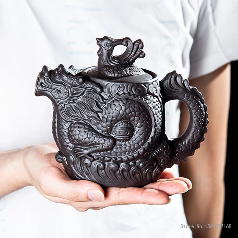 Chinese Kongfu Relief Dragon Pattern Teapot, Home Office Living Room Supplies, Purple Clay, Retro Vermilion Clay Tea Pots, 450ml