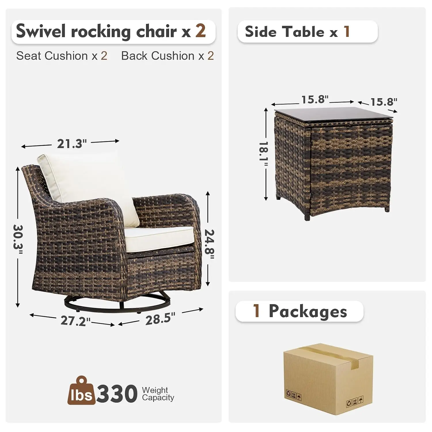 3-Piece Patio Swivel Rocker Set with Cushions & Glass Table, Outdoor Rattan Furniture for Lawn Backyard Porch, Customized