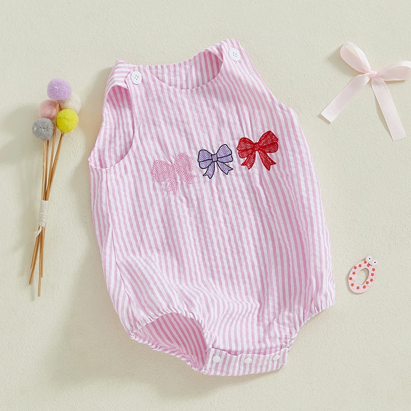 아기 소녀 여름 달콤한 Romper 유아 민소매 라운드 넥 보우 자수 스트라이프 Romper