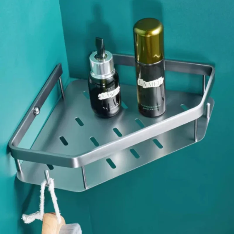 Gray brass triangular basket wall mounted bathroom storage rack, hotel bathroom storage rack, bathroom corner rack