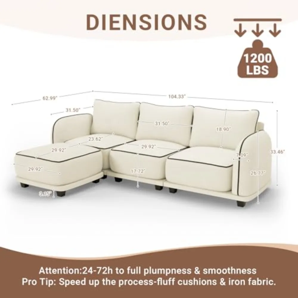 104 Inch L Shaped Modular Sectional Sofa, 4 Seater Modern Cloud Chenille Comfy Couch with Movable Ottoman & 3 Back