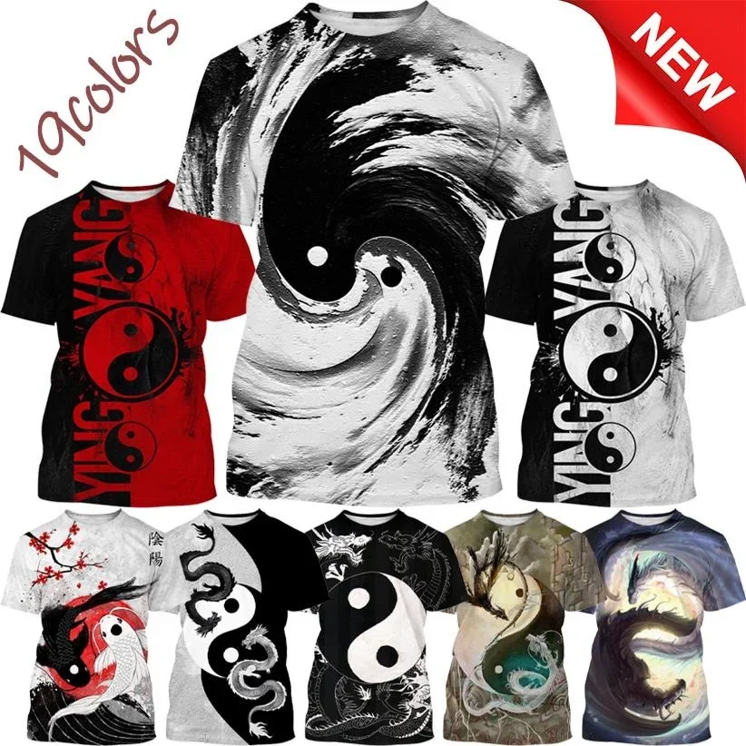 

Summer Fashion Dragon Printing Unisex Street Cool Short Sleeve Causal Bagua Tai Chi Yin Yang Koi 3D Printing Men's T-shirt