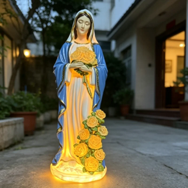 Resin Flower Virgin Mary Statue Garden Ornaments With Light Christian Religious Home Yard Decoration Prayer Spiritual Gift