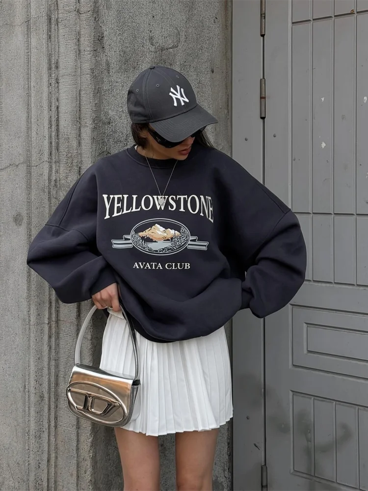 Sweat-shirt rétro américain doublé avec lettres imprimées pour femme, haut Simple et décontracté pour l'automne et l'hiver, nouvelle collection