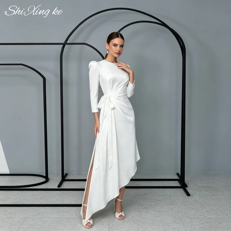 Elegant Civil Wedding Dress Natural Waist Bow Sash 3/4 Long Sleeve Satin Vestidos De Novia Customized