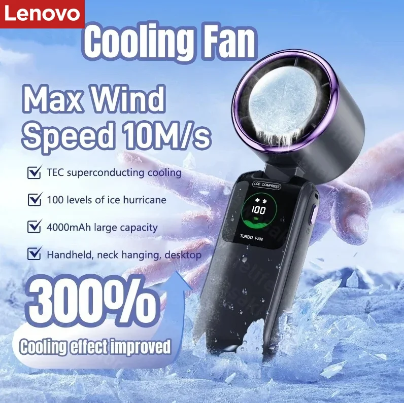 Lenovo Turbo Cooling Handheld Fan 350000 RPM Mini USB Rechargeable Folding Fan 5 Speeds Portable for Outdoor Travel Office Camp