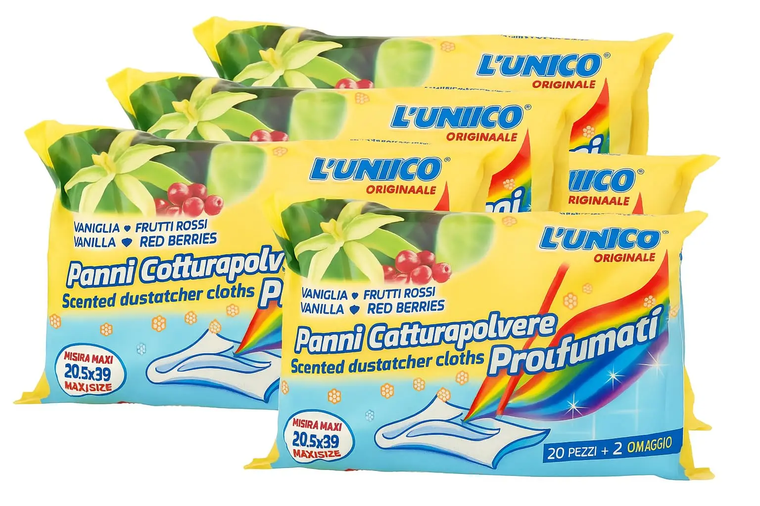 Generico L’Unico stofdoekjes met vanille- en rode fruitgeur – 5 verpakkingen van 20 stuks – elektrostatisch en geurend, extra groot formaat 20,5 x 39 cm – vangen stof op en geven de woning een