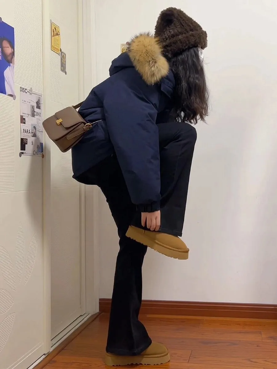 

Ретро-куртка-парка в американском стиле с синим меховым воротником, женская, теплая, на хлопковой подкладке, зимняя, новый стиль, маленький размер, однотонная, для повседневной носки