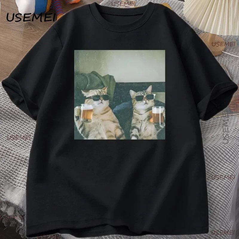 Lustige Coole Katze Trinken Bier T-shirt Casual Baumwolle Kurzarm T Shirt Mann Kleidung Harajuku Rundhals männer Designer Tops – Detail 10
