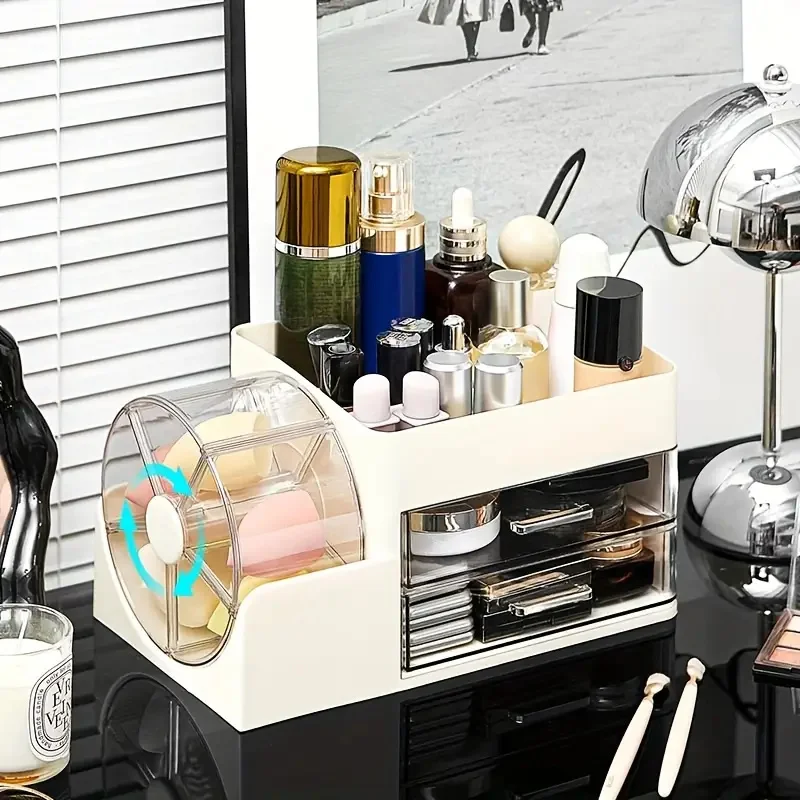 Large Capacity Rotating Desktop Organizer with Drawers Shelves Plastic Storage Box for Makeup Brushes Sponge Puff Comestic Tools