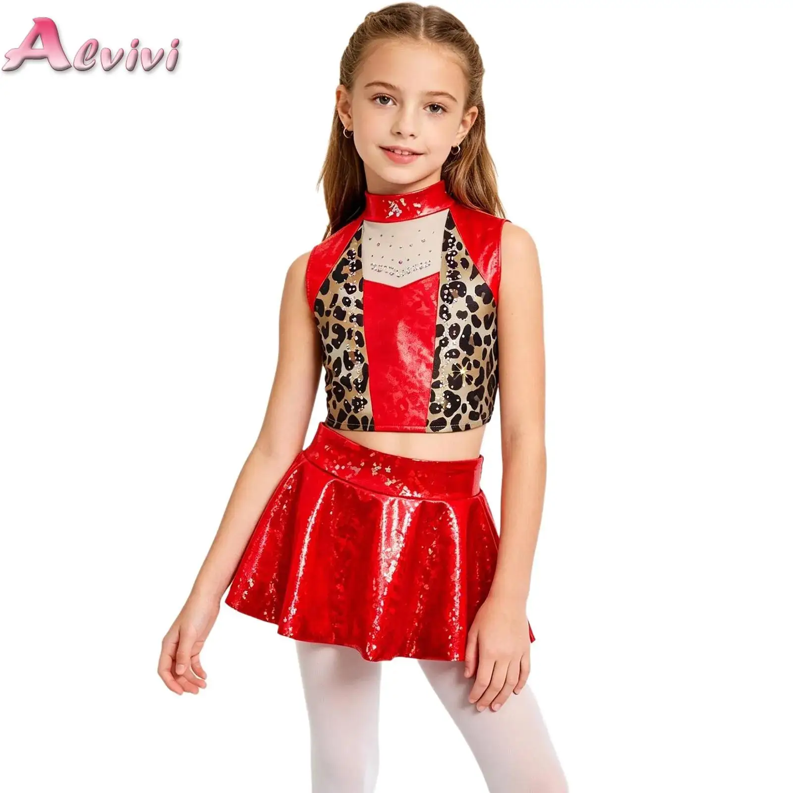 

Girls Metallic Gloss 2 Pieces Jazz Dance Outfit Sparkly Leopard Crop Top with Skirted Bottom Ballet Dance Performance Dancewear