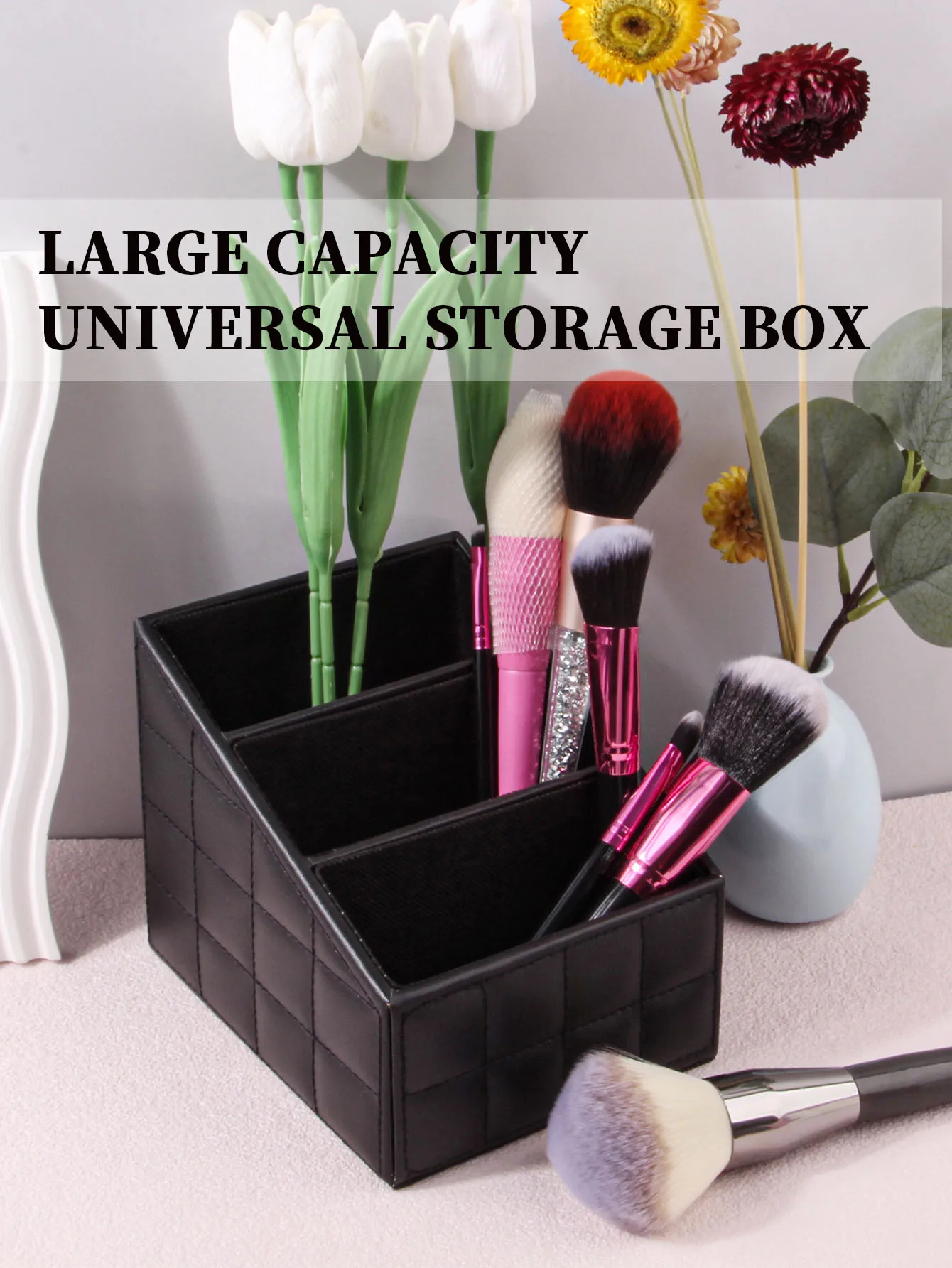 1PCS Large Capacity PU Makeup Brush Storage Box, High-End Dressing Table, Three Grid Makeup Brush Waterproof Storage Tool