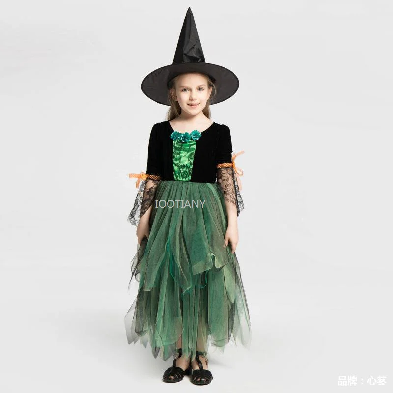 Iootiany 2024 Meisjes Groene Heks Cosplay Jurk Kostuum Mesh Tutu Jurk Met Punthoed Voor Kinderen Carnaval Feest Verkleedkleding