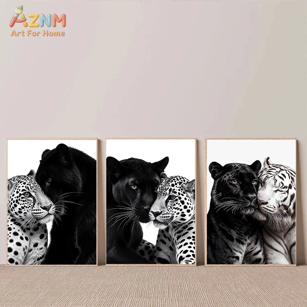 AZNM Black White Wild Animal Canvas Print Black Panther Leopard White Tiger Romantic Couple Wildlife Minimalist Living Room Wall