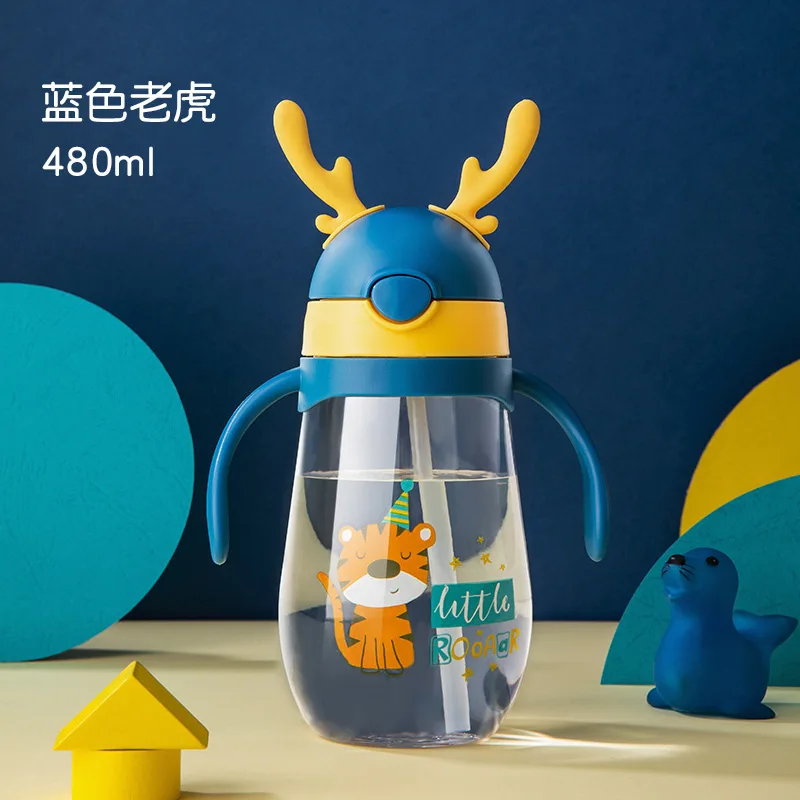 New children's straw cup cartoon cute water cup kindergarten baby drinking water pot portable handle strap leakage drop