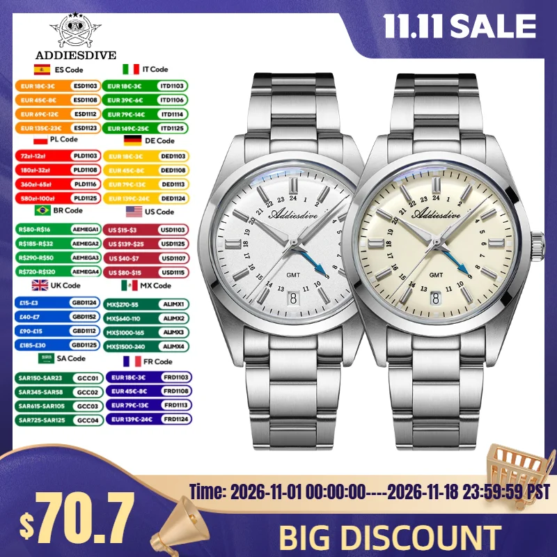 ADDIESDIVE 36mm Men GMT Luxury Watch BGW9 Super Luminous AD2065 Reloj Hombre 10Bar Waterproof Quartz Wristwatch