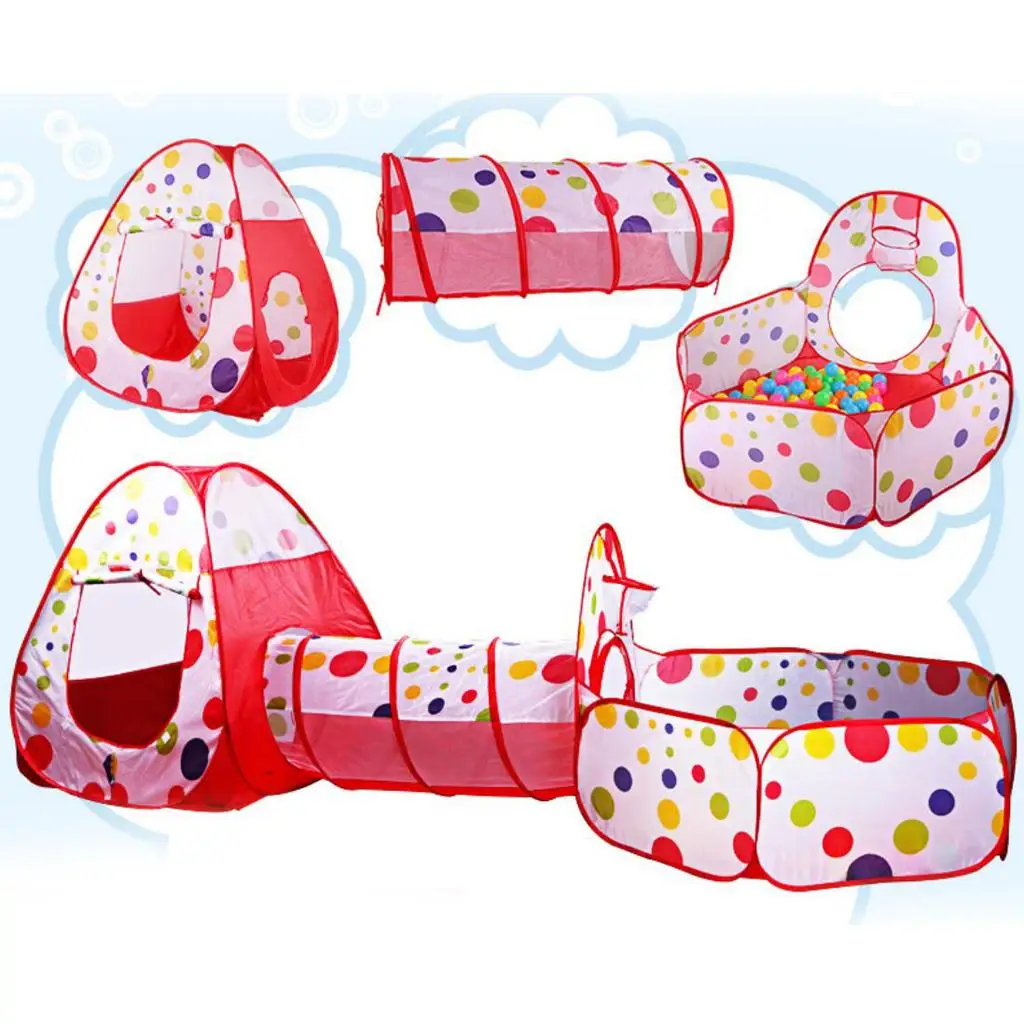 

Kids 3-in-1 Dotted Playhouse Tunnel Ball Pool Play Tent Indoor Outdoor Toy