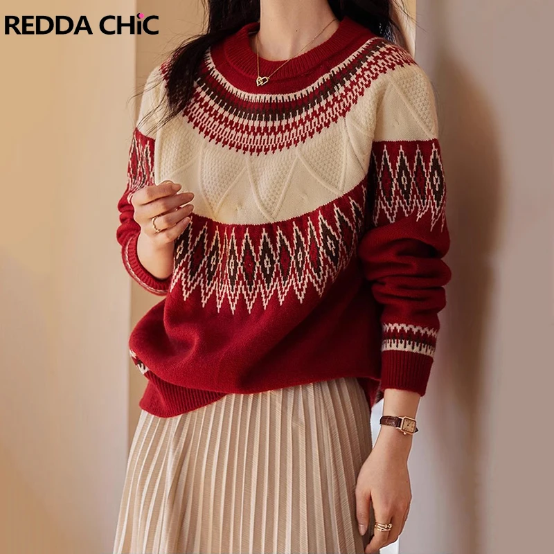 REDDACHiC Jacquard Retro Women Fair Isle Sweater O-neck Pullover Long Sleeves Loose Casual Jumper Top Christmas Winter Knitwear