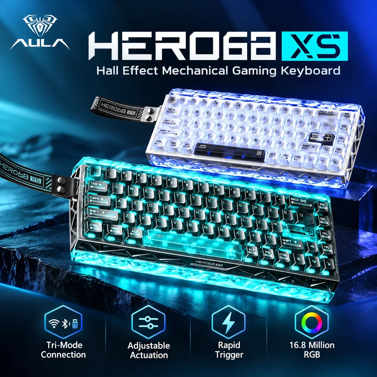 AULA Hero68 XS Hall Effect Gaming Keyboard 60 Percent Wireless Tri Mode 8000Hz Rapid Trigger Magnetic Switch RGB 6000mAh For PC