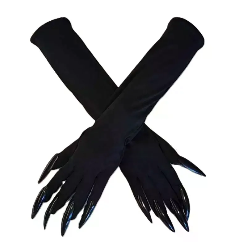Mitaines élastiques à ongles longs pour femmes, 43cm, griffe effrayante, Halloween, gants à griffes fantôme du diable noir, Costume de spectacle de Cosplay de fête