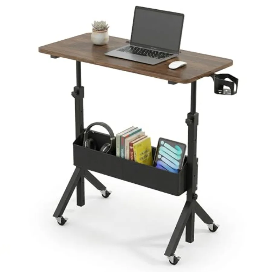 

Mobile Standing Desk with Wheels and Storage Basket, Height Adjustable 28.7"-46.1" Rolling Desk for Walking Pad, Small Space La